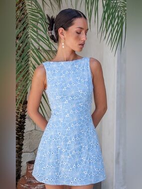Sleeveless Light Blue Floral Eyelet Mini Dress